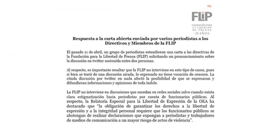 Respuesta a la carta abierta enviada por varios periodistas a los Directivos y Miembros de la FLIP